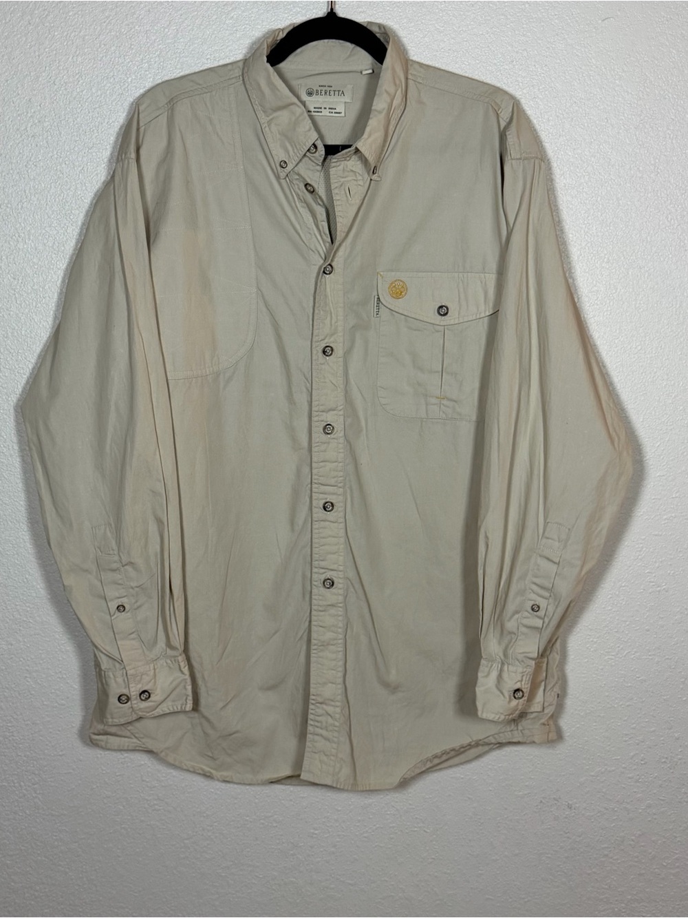Beretta Mens L Beige Solid Cotton Long Sleeve Button-Front Hunting Shirt Vented